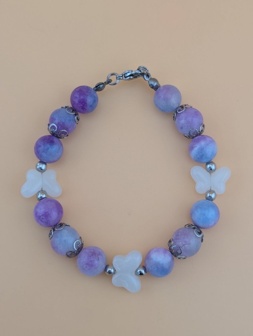 Lavender Purple Butterfly Beaded Gemstone Bracelet Silver Accents